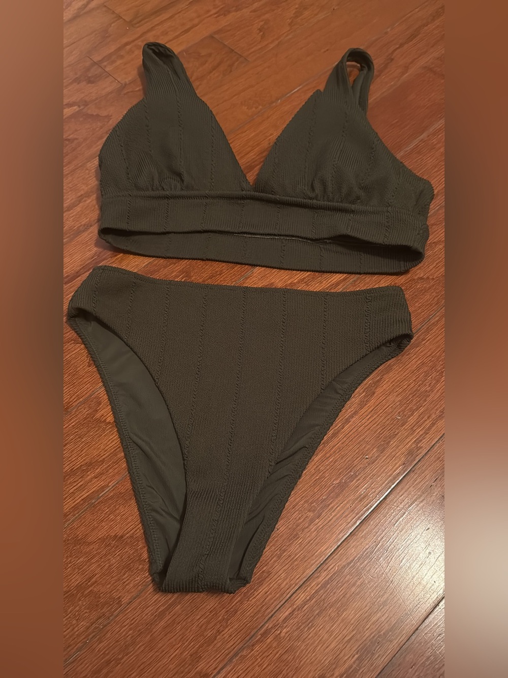 aerie Olive Ribbed Triangle Bralette & High-Waist Bikini Bottoms